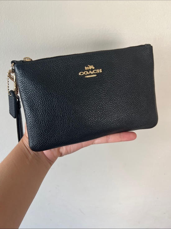 Coach Handbags - Coach Black Pebbled Leather Wristlet with Gold Accents